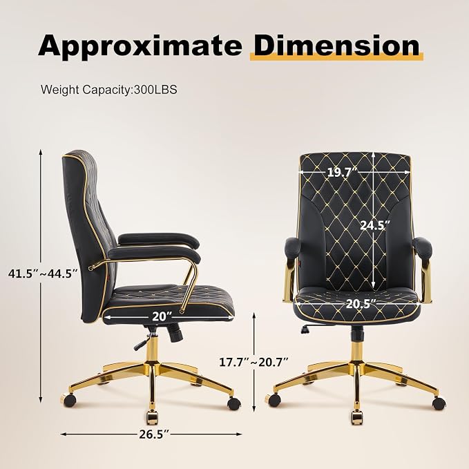 Black and Gold Office Chair, Leather Office Chairs, Adjustable Vanity Chair with Golden Legs and Padded Armrest, Modern Upholstered Computer Chair with Wheels,Black