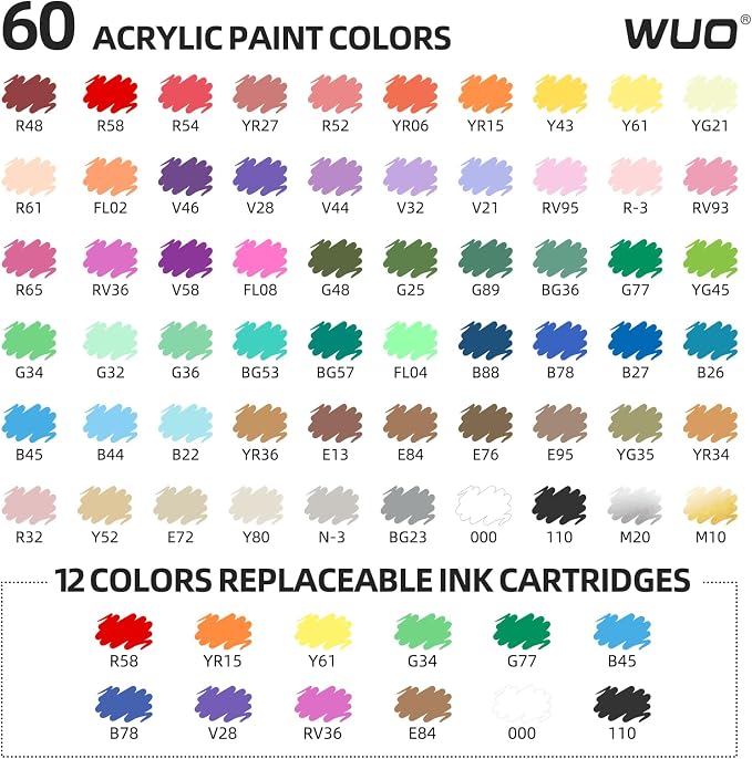 WUO 60 Colors Acrylic Paint Markers, Water-Based No-Bleed Brush Tip Pens | Automatic Ink Control, Smooth Flow on Rock, Wood, Glass, Fabric, Canvas, Paper, Includes 12 Replaceable Ink Cartridges