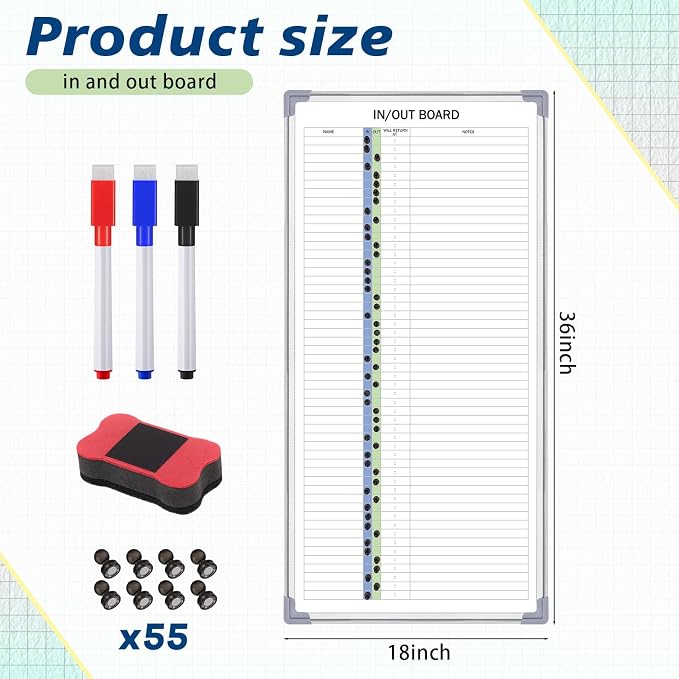 in and Out Magnetic Dry-Erase Board 36 x 18 Aluminum Framed White Board with Lines 53 Names with Magnetic Dry-Erase Marker, Eraser, and 55 Magnets Wall-Mounted for Office Employee
