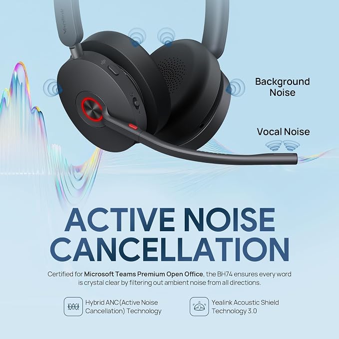 Yealink BH74 AI ANC Wireless Headset with Mic for Work with Charging Dock | 6 Hybrid ANC Mic Clear Call,Bluetooth Headset for Open Office Hybrid Work,Flip to Mute&32H Battery Life,UC Compatible,USB C/A