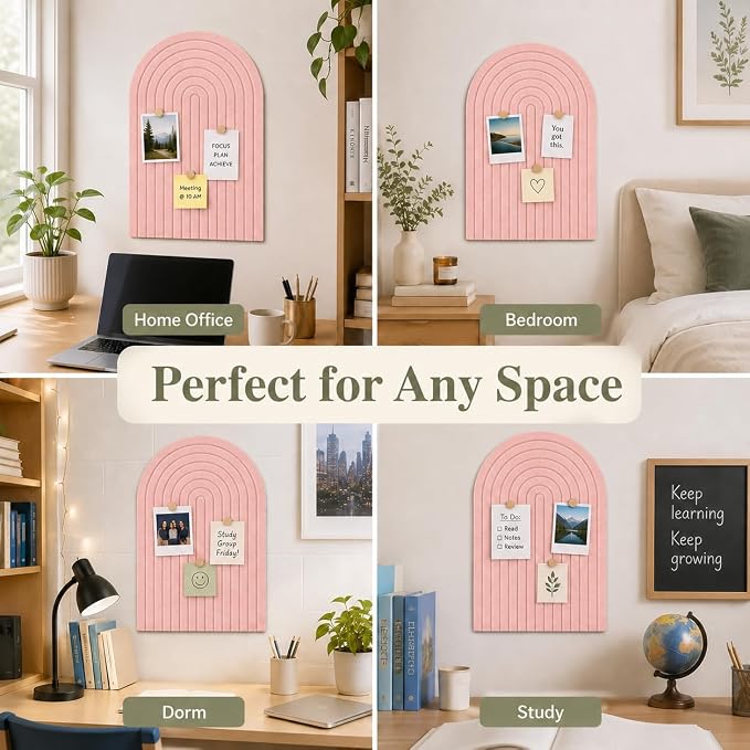 Large Arched Felt Bulletin Board, Sized 36" x 24" for Office & Wall Decor – 6 Customizable Adhesive Tiles with Pins are Perfect to Display Your Photos (Pink-A)