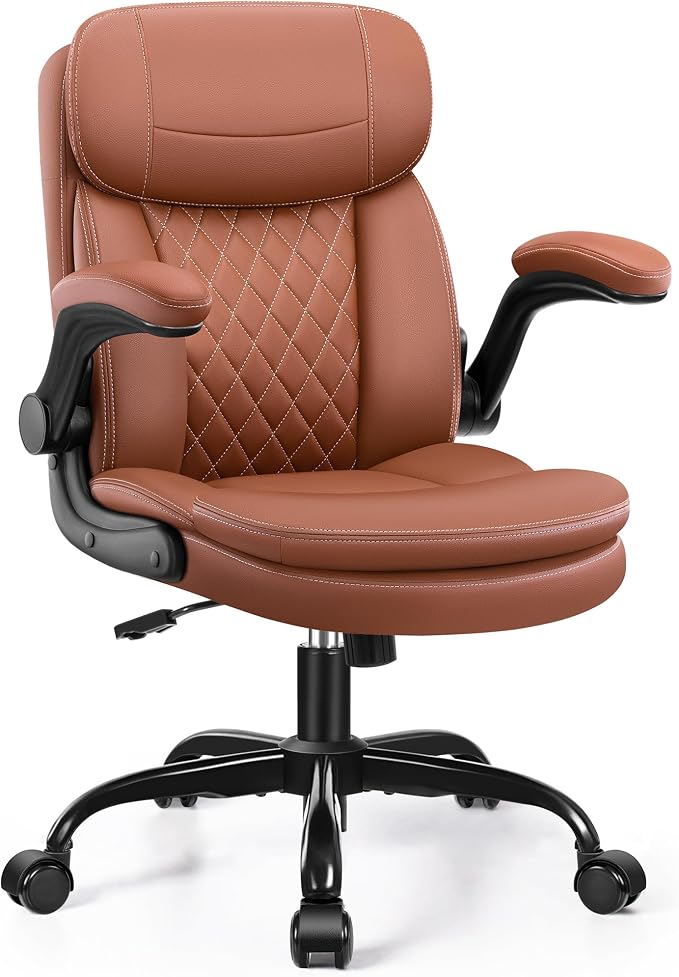 HeroSet Leather Office Chair with Upgraded Double-Layer Seat Cushion and Neckrest for Short People, Brown