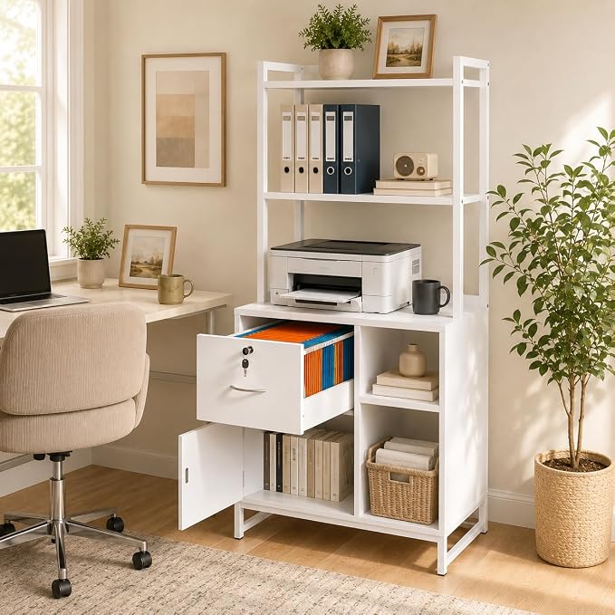 Vertical Filing Cabinet with Bookshelf for Home Office, White | File Cabinet with Shelves, Lock & Charging Station, Drawer Office File Cabinets with Printer Stand, fits Letter Size