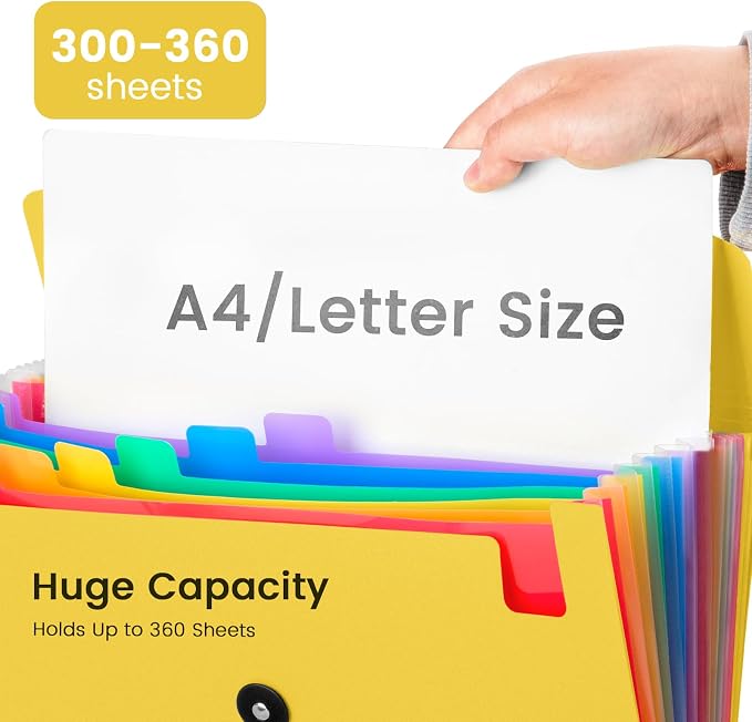 13 Pocket Accordion File Organizer with Elastic Closure, Expanding File Folder for Letter Size A4 Papers, Ideal for Home, Office Supplies, College Essentials - Yellow