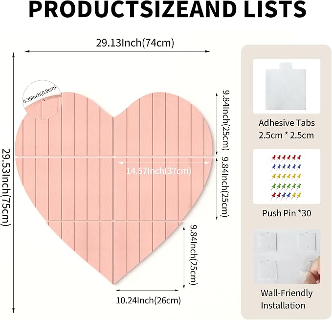 Heart Shaped Felt Bulletin Board 29"x29", 6 Tiles Wall Decor, Pink | Photo Display Memo Board for Office Home, Felt Pin Board with Adhesive Tiles and Pins for Notes, Photos and Artwork