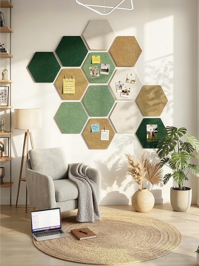 8-Pack Hexagon Felt Bulletin Board Tiles, Cork Board Alternative | For students and teachers creating vision boards in homes, offices, dorms or classrooms; includes 30 push pins.