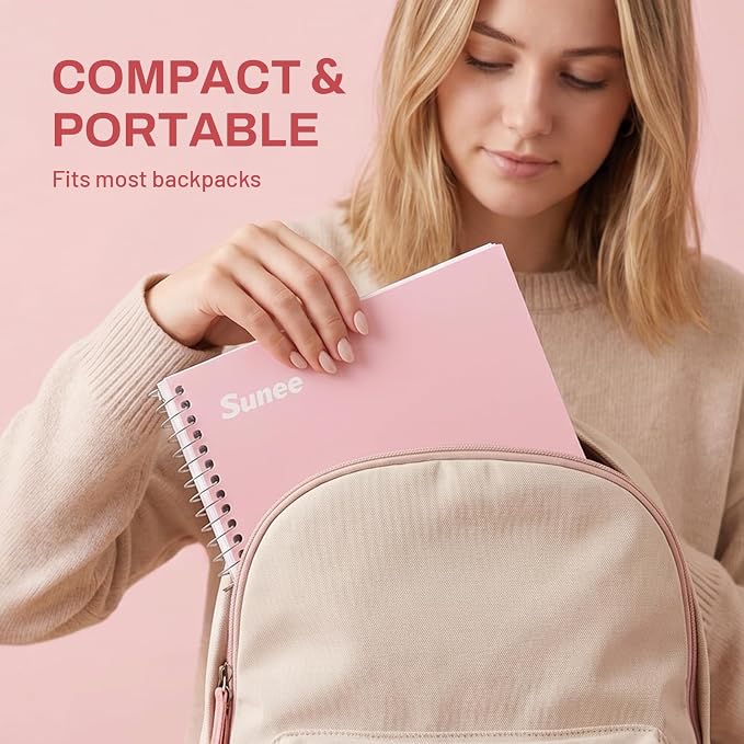 SUNEE Spiral Notebook, 2-Subject, College Ruled Paper, 6" x 9-1/2", 80 Sheets, Spiral Notebooks for School, Pink
