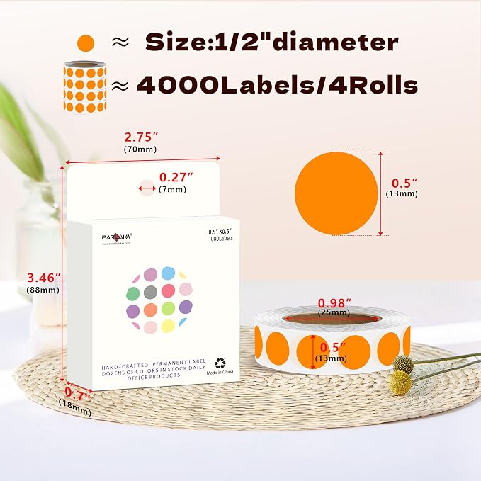 PARLAIM 1/2 Inch Round Permanent Adhesive Color-Code Dot Stickers,1000 Stickers Roll dots Label Dispenser Box Orange Circle Stickers Labels (Orange)
