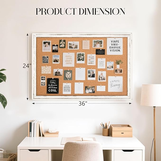 Cork Board Bulletin Board, 36" x 24" Corkboard for Wall, Rustic White Wooden Frame, Hanging Pin Board for Home & Office Decor, 10 Push Pins