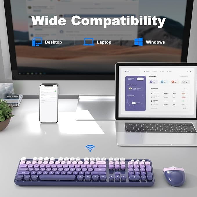 MOFII Wireless Computer Keyboard and Mouse Combo, Typewriter Full Size Keyboard with Number Pad and 2 in 1 USB Connected Mouse for PC Laptop Desktop Windows (Purple)