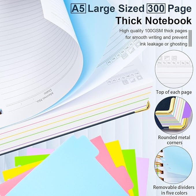 Hardcover Spiral Notebook 6.2"x 8.2" Journal Notebook with Tabs and Removable Dividers 300 Pages 5 Subject Notebook College Ruled, Faux Leather Spiral Bound Notebook for Women School Work(Dark Blue)