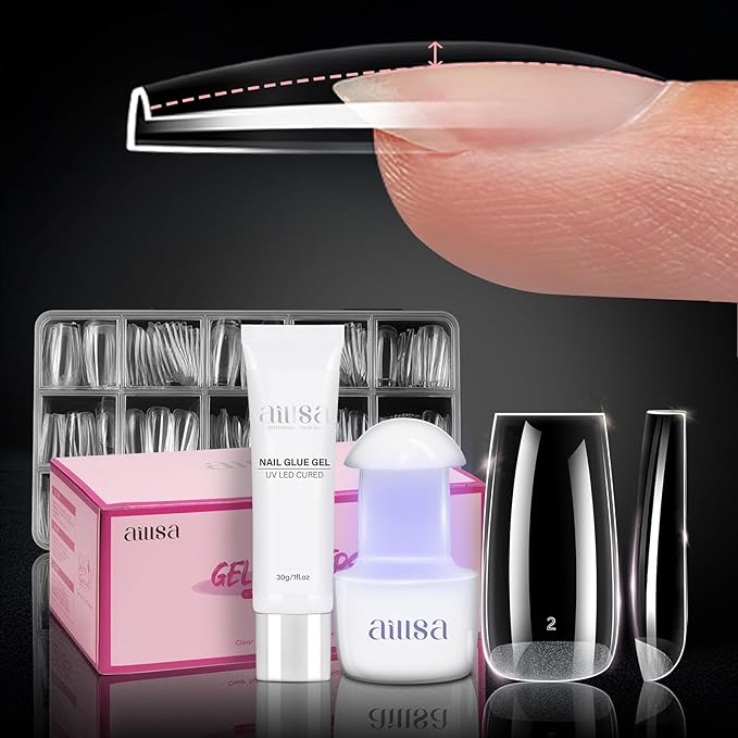 AILLSA Nail Extension Kit Medium Square Nail Tips 224pcs, Upgrade Glue Gel 30g for False Nail Tips, Gel Nail Tips Kit with Portable Mini U V Nail Lamp for DIY Home Salon
