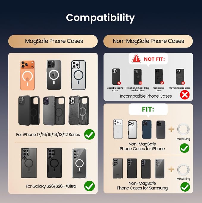 Foldable Double Sided Magnetic Phone Grip Kickstand for Magsafe | Phone Ring Holder with Finger Loop Strap , Compatible with MagSafe iPhone 12-17 Series and MagSafe Cases, Desk Stand, Black