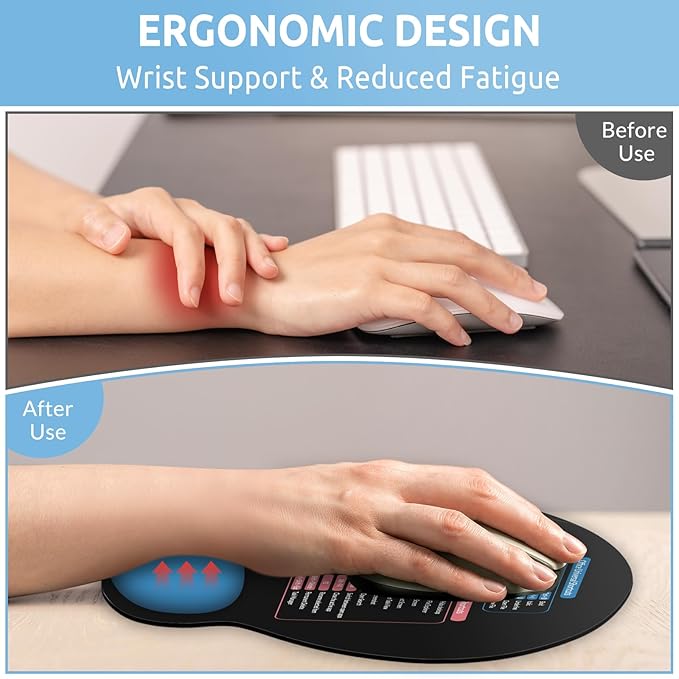 Ergonomic Mouse Pad with Wrist Rest, Small Excel Cheat Sheet Desk Pad with Windows & Office & Excel Shortcuts, Non-Slip Rubber Base Mouse Pads for Desk with Smooth Surface, Black Blue
