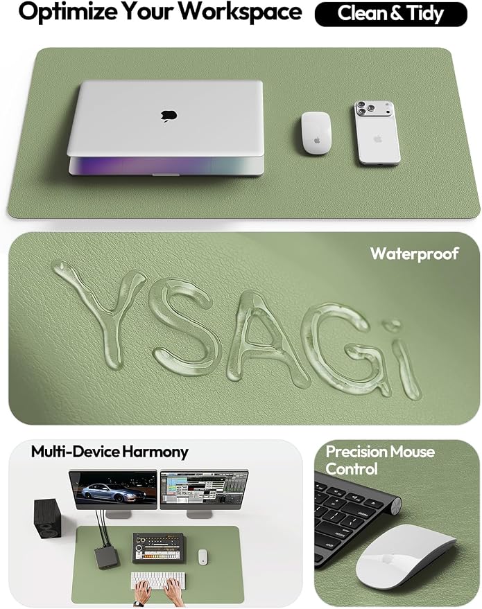 YSAGi PU Leather Desk Pad Protector – Non-Slip Waterproof Desk Mat for Office & Home, Easy Clean Large Mouse Pad & Laptop Writing Blotter 23.6"x13.8" Bamboo Green