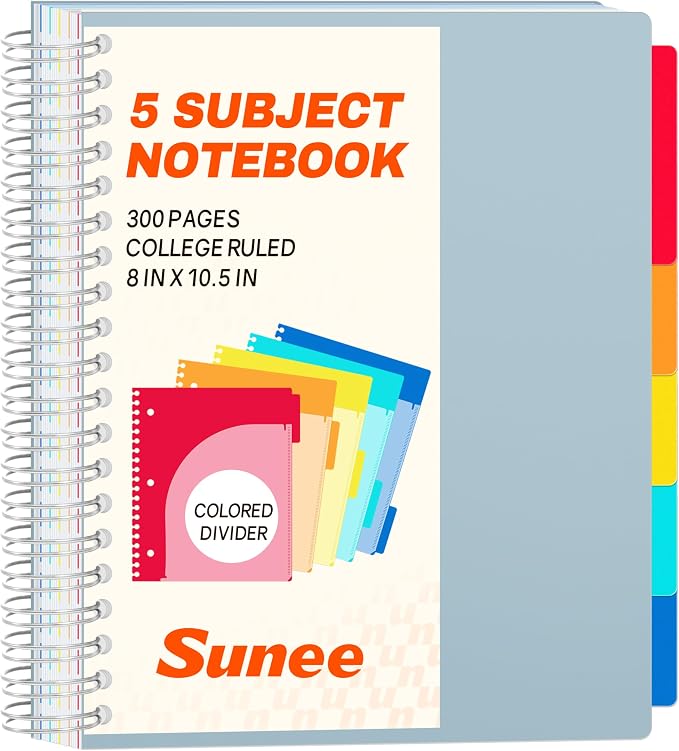 SUNEE Spiral Notebooks for Work with Removable Dividers & Tabs – College Ruled 5 Subject, 300 Pages, 3 Hole Punched, Durable PP Cover, 8"x10.5" – Notebooks for Office or School, Grey Blue
