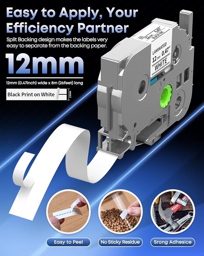 TZe-231 Replace for Brother Label Maker Tape 12mm 0.47 Laminated White 1/2" | P Touch Label Tape TZ Tape TZe231 for Brother PT-D210 PT-D220 H110 H103W 1280 D400 D610BT, 12mm x 8m Black on White, 5-Pack