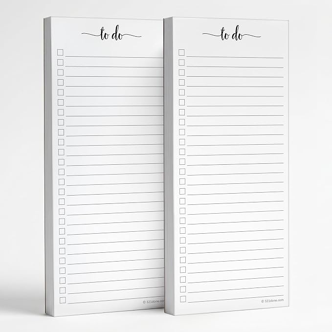 321Done To Do List Notepad, Skinny 3.7x8.5 Inches, 2-Pack, 50 Sheets Each | Made in USA - Slim College Ruled Checklist Pads for Tasks, Errands and Groceries, Thick Bright White Paper, Tear-Off Sheets