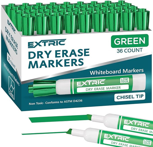 EXTRIC Green Dry Erase Markers Chisel Tip, 36 Count Whiteboard Markers, Chisel Tip Dry Erase Marker Bulk Classroom Pack White Board Marker for Teachers and Students