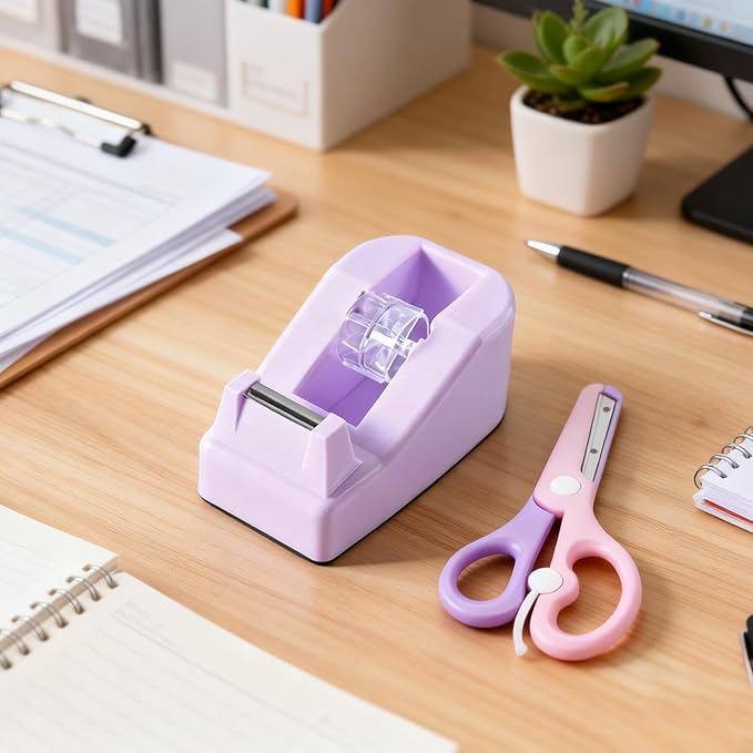 Desktop Tape Dispenser Kits with Weighted Nonskid Base Tape Dispenser- Includes 9 Rolls of Transparent Tape(0.71 Inch x 500 inches Each) & Pink Scissors, 2 Pcs Tweezers (Purple)