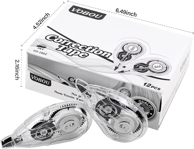 Vobou Correction Tape Dispenser, Easy To Use Applicator for Instant Corrections, For school, Office (White, 12pack, 6M/256, Tape Width 0.2in)