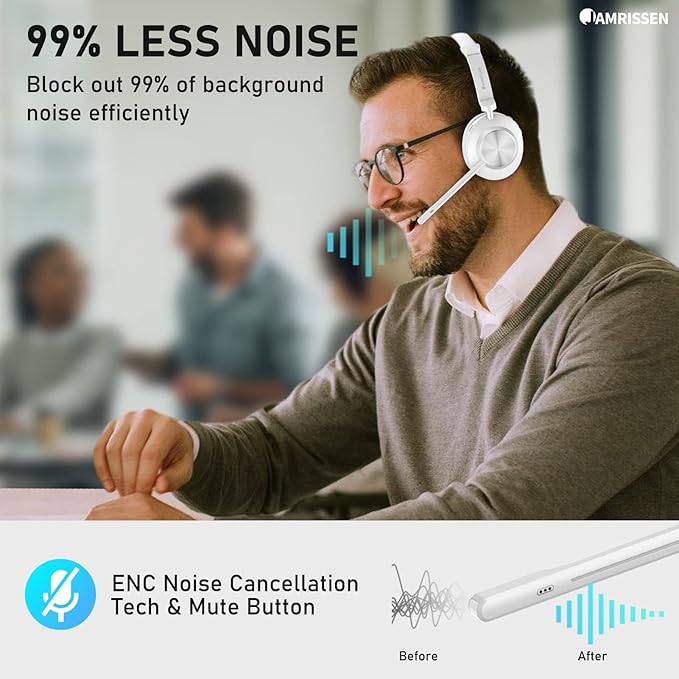 Wireless Headset with Mic for Work, Bluetooth Headset with Microphone, AI Noise Canceling Mic & Mute, Wireless Headphones with USB Dongle & Charging Dock for PC/Cell Phones/Call Center/Teams