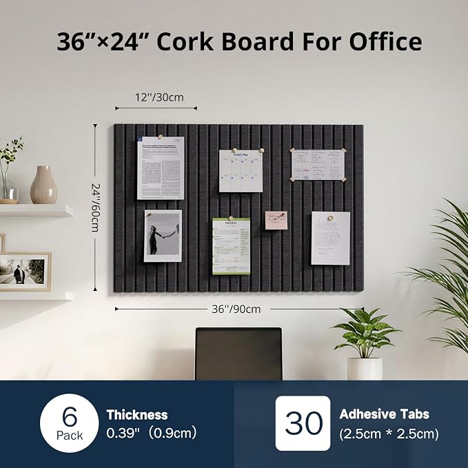 Felt Bulletin Board 36"×24" Cork Board with 30 Adhesive Tabs Black | 6 Pack Cork Boards for Office, Pin Boards For Walls, Use in Bedroom Home Classroom Decor