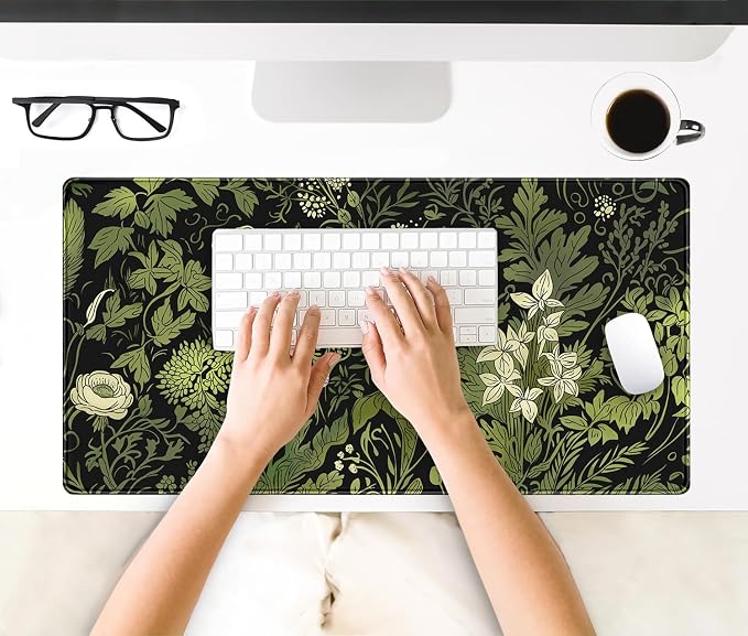 Floral Desk Mat Green Leaves Plant Desk Pad Matt for Desktop Large Gaming Mousepad XXL Full Desk Mouse Pad Computer Keyboard Mat Deskmat Aesthetic Office Desk Decor 31.5 X 15.7 Inch