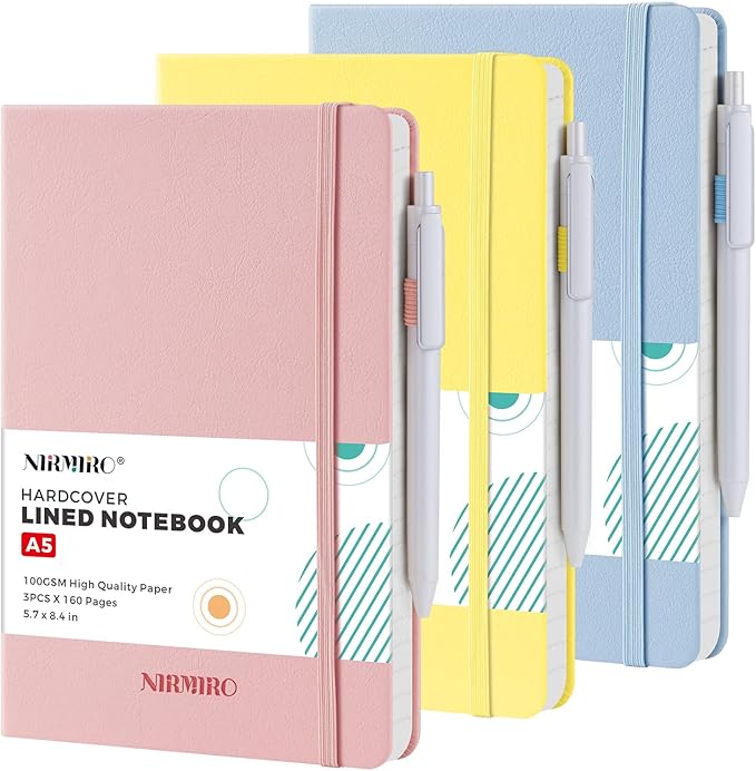 Lined Journal Notebook for Women Men, A5 (5.7"x8.4"), 3 Pack 160 Pages Hardcover Journaling Notebooks with Pen, 100GSM Paper, for Work,Writing,Travel,Business, School Office Supplies, Pink Yellow Blue
