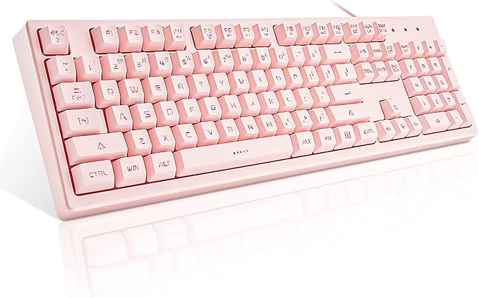 Basaltech Pink Wired Keyboard with White LED Backlit | Full Size 104 Key USB Gaming Keyboard,Quiet Creamy Typing and Double Shot Keycaps Light Up Keyboard for PC, Mac, Laptop