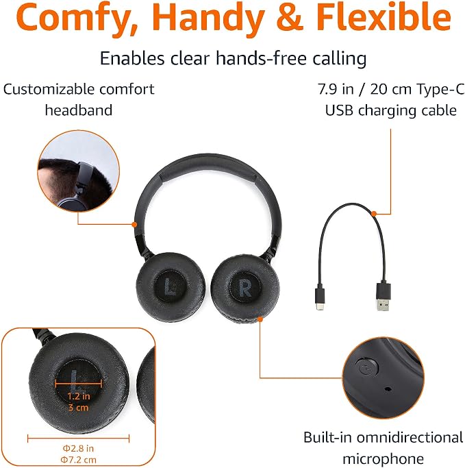 Amazon Basics Bluetooth On-Ear Headphones Wireless with Microphone, Deep Bass, 35 Hour Playtime, Foldable, Collapsible, Portable Travel Friendly, Black