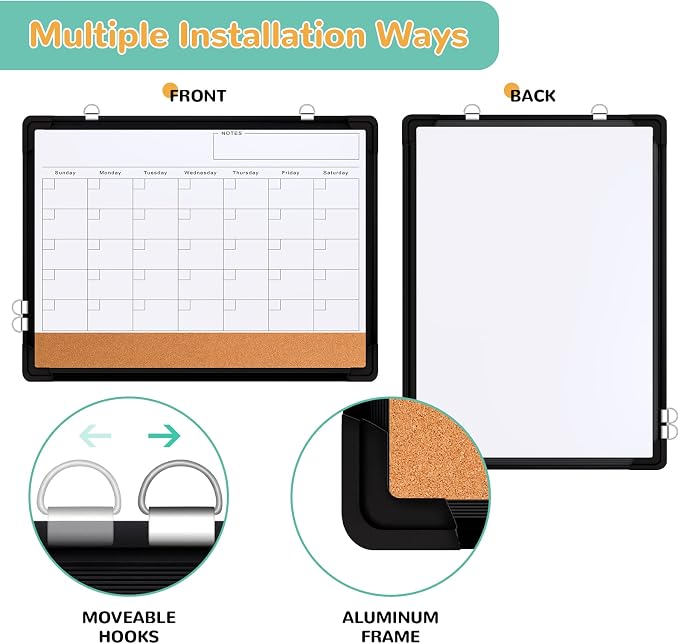 Monthly Calendar Whiteboard for Wall, Dry Erase Board with Cork Board Combo | 17"x13" Small Magnetic White Board, Double-Sided Hanging Board for Office Home, Portable Board for Planner Memo, Black