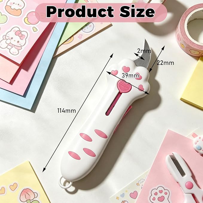 Cat Paw Retractable Box Cutter — Cute Kawaii Utility Knife | Portable Cat Claw Knife with Handle,Multifunctional Mini Utility Knife for Boxes Envelopes,Packages,Lock+One-Click Retract