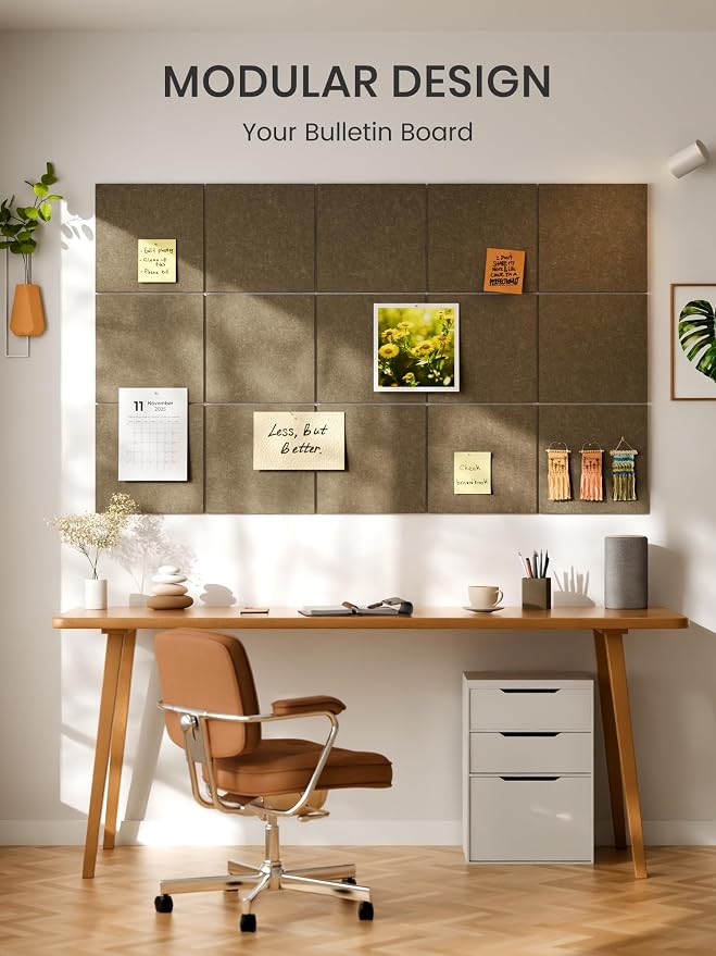 Bumusty 36" x 24" Large Cork Board Alternative, Earth Brown | 6-Pack Felt Bulletin Board Tiles, 60 Adhesive Tabs, 30 Pushpins, Home, Office, Classroom, Vision Board