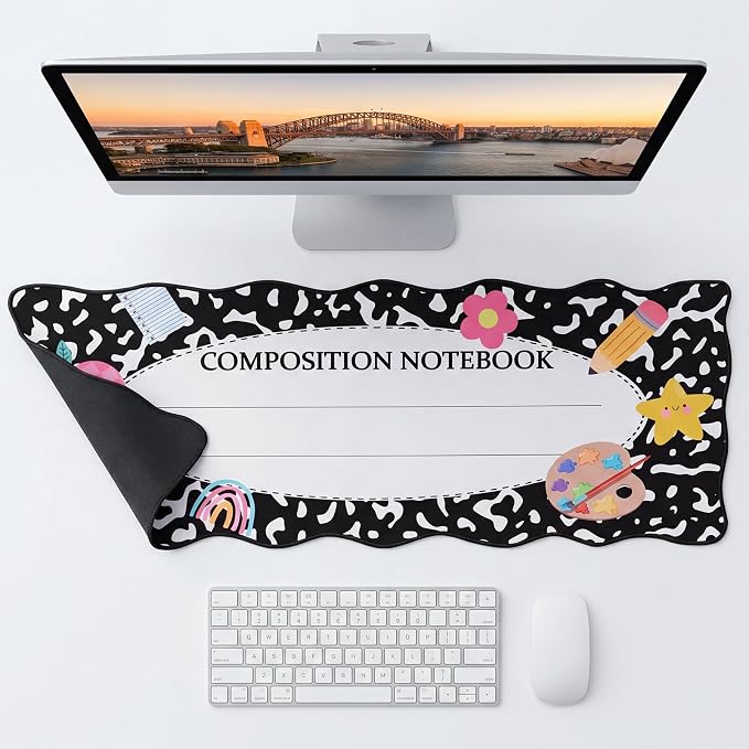 1 Pcs Composition Book Scalloped Desk Mat 31.5 x 11.8 Inch Large Cute Mouse Pad Computer Mat Non Slip Waterproof Rubber Base with Border Stitching Soft Keyboard Pad for Teacher Desk Home Office
