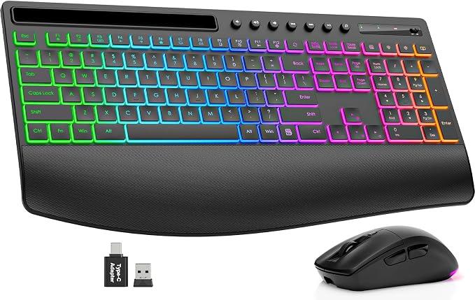 Trueque Wireless Keyboard and Mouse Combo, 4000mAh Battery, Wrist Rest | Rechargeable, 15 Backlit Effects, Full Size, Phone Holder, Quiet Typing, 2.4GHz Wireless, USB-A & C Connectivity for Windows