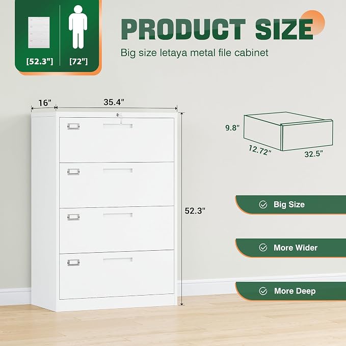 4 Drawer File Cabinet with Lock, Metal Lateral Filing Cabinet Wide Office Organization Storage for Home Office Hanging Letter/Legal/F4/A4 (White-Requires Installation)