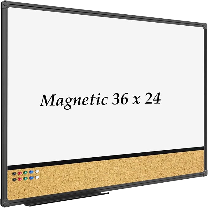 JILoffice White Board & Bulletin Corkboard Combination, Combo Board 36 x 24 Magnetic Whiteboard, Black Aluminum Frame Wall Mounted Board for Office Home and School with 10 Push Pins