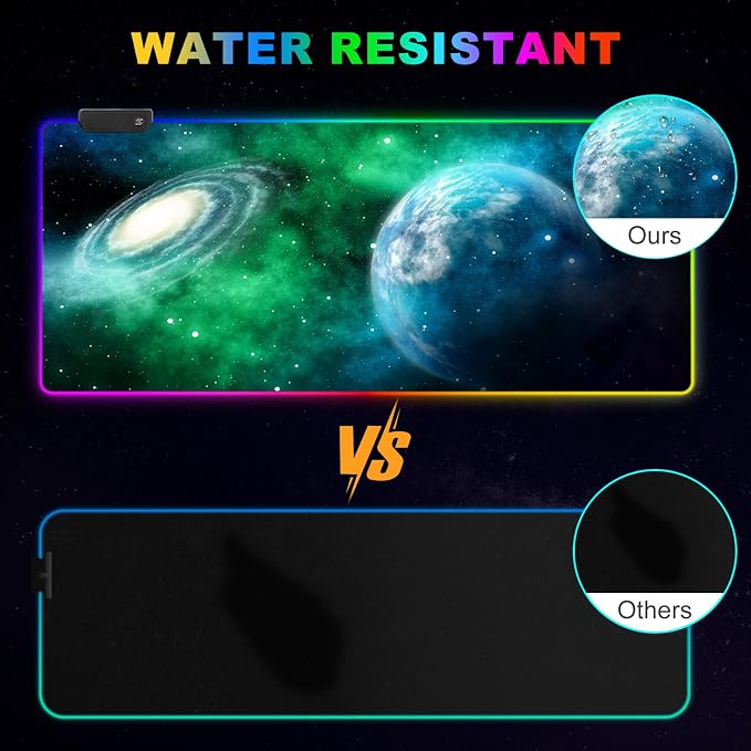Large RGB Gaming Mouse Pad, Led Big Mouse mat with 14 Light Modes, Extended Soft Computer Keyboard Mat Non-Slip Rubber Base, Green Planet Nebula