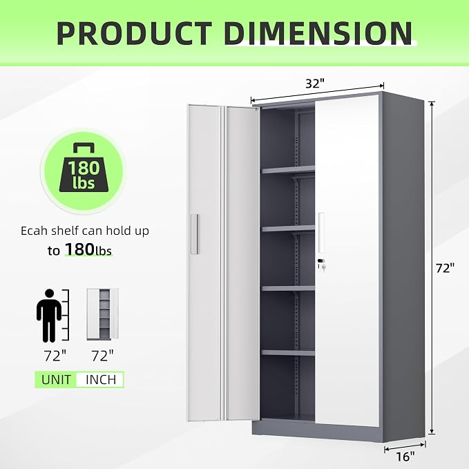 Metal Storage Cabinet, 72" Locking Steel Cabinets with 2 Door and 4 Adjustable Shelves, Tall Metal Cabinet for Home Office, Garage, Warehouse, New Grey