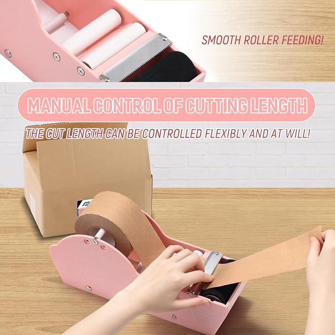 Water-Activated Tape Dispenser, Manual Kraft Gum Tape Dispenser, Light Pink | Width Adjustable 1.18-3.15",Upgraded Stainless Steel Safety Blades, Light Weight & Portable Packing Tape Dispenser Set