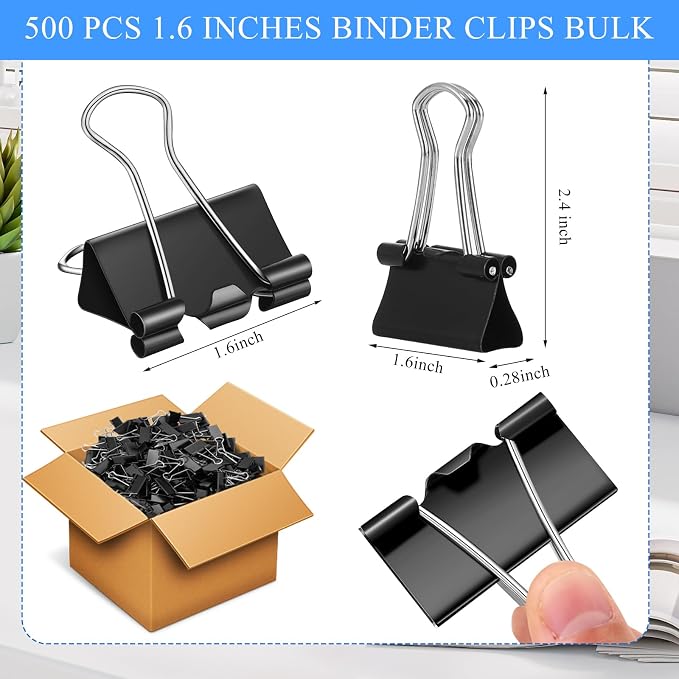 Jetec 500 Pcs Black 1.6 Inch Binder Clip Paper Clamp Metal Paper Clip | for Teachers Students Classroom Business Office and School Office Supplies