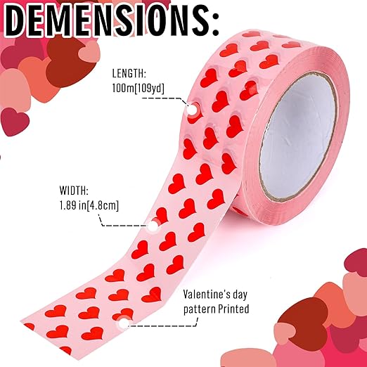 Whaline 109 Yard Valentine's Day Packing Tape Pink Red Love Heart Pattern Tape Waterproof Shipping Tape for Small Business DIY Crafts Present Packing Box Holiday Supplies