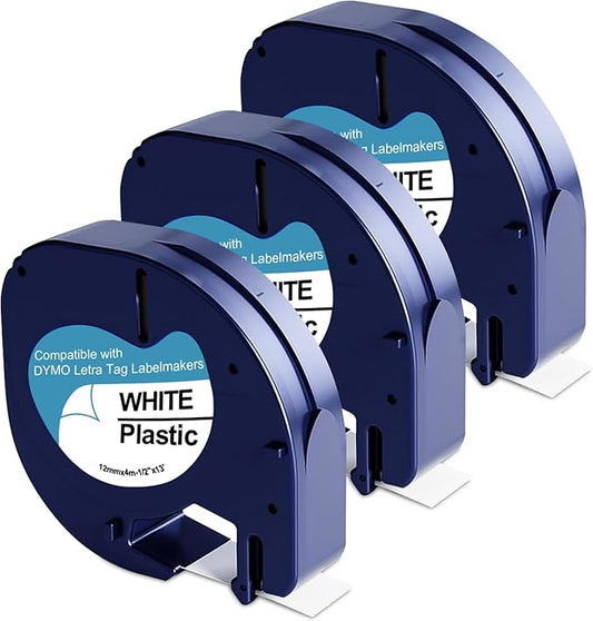 3-Pack 91331 Plastic White Label Tape Replacement for Dymo Letratag Refills 12mm x 4m 1/2 Inch x 13 Feet Work with DYMO LetraTag LT-100H LT-100T QX50 Label Makers