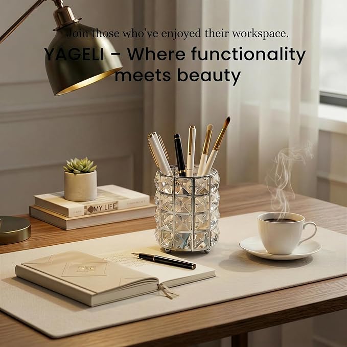 YAGELI Crystal Pen Holder for Desk, 3.58" Gold/Silver Pencil Cup | Crystal & metal base. Holds pens, pencils, makeup brushes, art supply. Easy to clean. Elegant decor for desk, vanity, office