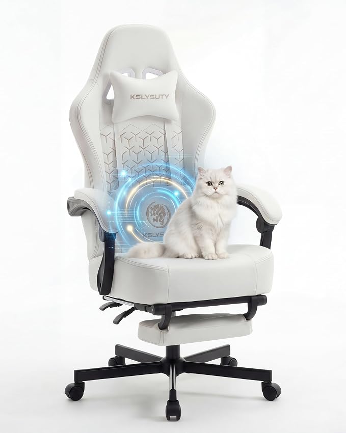 Desk Computer Gaming Chair - Ergonomic Game Office Chair with Extended Footrest and Massage Lumbar Support, Home Gamer Video Game Chairs with Spring Cushion for Adults (Pro White Leather)