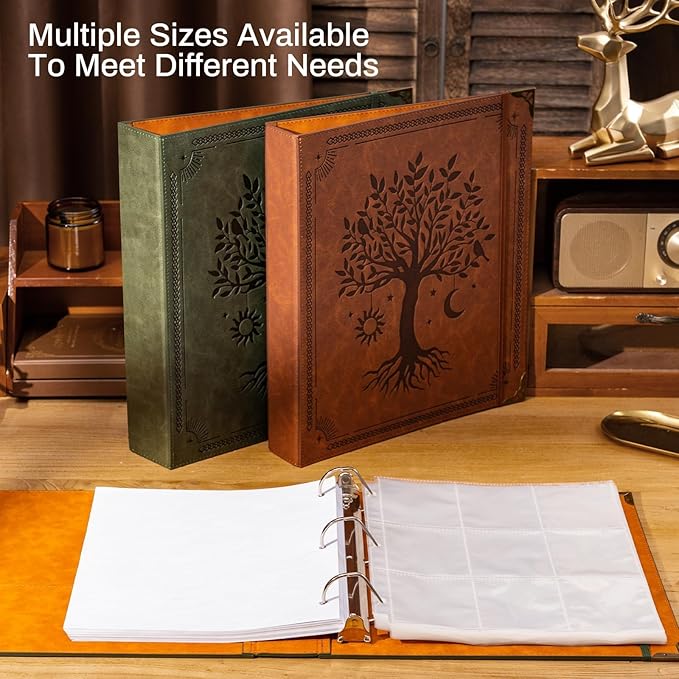 Leather D Ring Binder Fits 8.5"x11" Letter Size Paper, 2 Inch D-Ring Binders Holds 550 Sheets, Notepad Paper Cover Loose Leaf Organizer with Inner Pockets, Green Tree