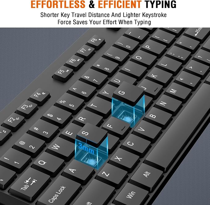 Wireless Keyboard and Mouse Combo, EDJO Silent Full Size Cordless USB Keyboard Mouse, 2.4GHz Lag-Free, Long Battery Life, for Computer, Laptop, PC, Chromebook, Windows (Black, 2 Pack)