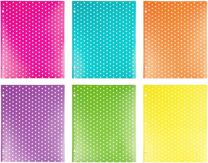 JAM PAPER Plastic Color POP Folders - 2 Pocket Durable Folders with 3 Hole Punch - Assorted Polka Dot Colors - 6/Pack