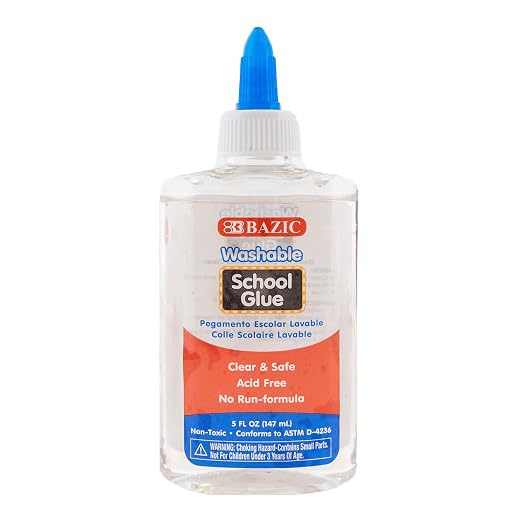 BAZIC 5 Oz. (147 mL) Washable Clear School Glue, Liquid Glue, Great for Kids Making Stretchy Slime, Fun Creative Art Play Activity in Class Home, 1-Bottle | 5 fl oz (147 mL) bottle of washable clear school glue, Bonds strong, Acid-free, No-run, Non-toxic